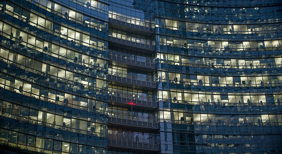 Milan Italy 29 October 2014: Illuminated offices in the new business district of Milan island