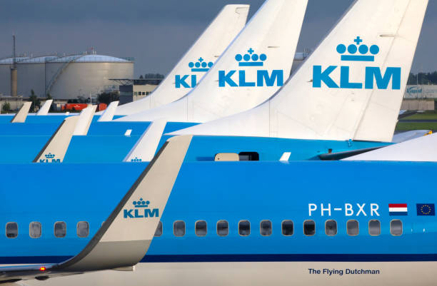 Airplanes of KLM at Schiphol Airport stock photo