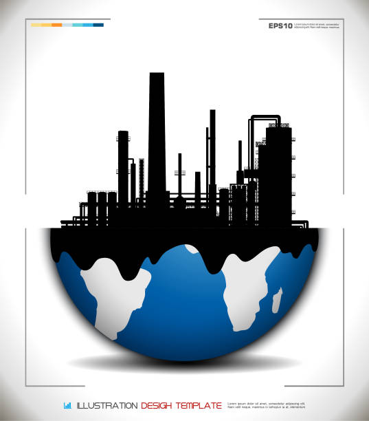 ilustrações, clipart, desenhos animados e ícones de fábrica world globe - oil oil industry oil slick petroleum