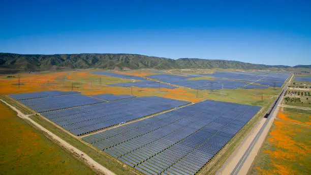A solar power station in Lancaster, CA, surrounded by poppies (Eschscholzia californica) during the 2020 California poppy superbloom.