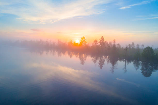 Aerial shot of foggy morning at Yelnya swamp, Belarus