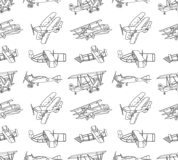 illustrations, cliparts, dessins animés et icônes de vintage airplanes doodles seamless pattern - airplane biplane retro revival old fashioned