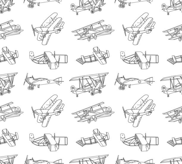 ilustrações, clipart, desenhos animados e ícones de aviões vintage doodles padrão sem emenda - airplane biplane retro revival old fashioned