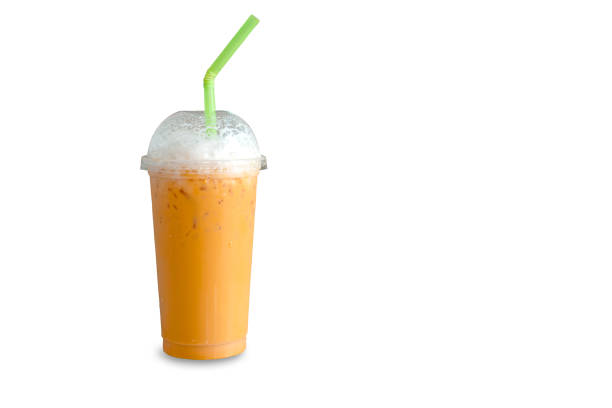 Ice tea with milk in takeaway cup isolated on white background. Clipping path.