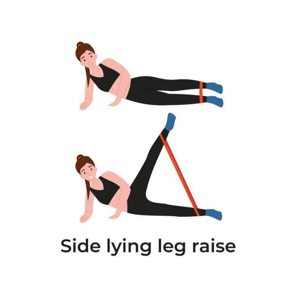 seitlich liegendes bein heben, beutetraining mit widerstandsbändern - glutes stock-grafiken, -clipart, -cartoons und -symbole