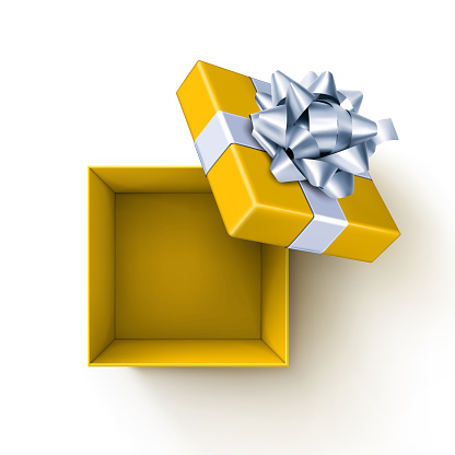Vector illustration of open yellow gift box with silver bow.