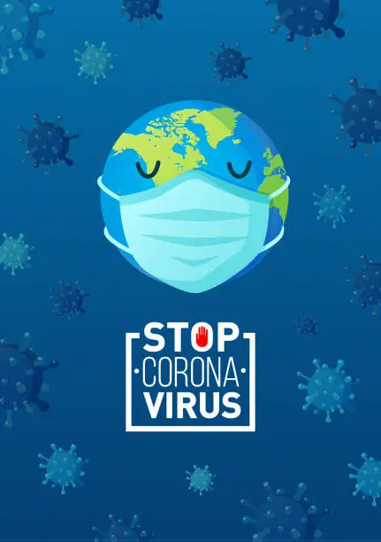 Vector illustration of Earth in face mask and COVID-19 coronavirus text.