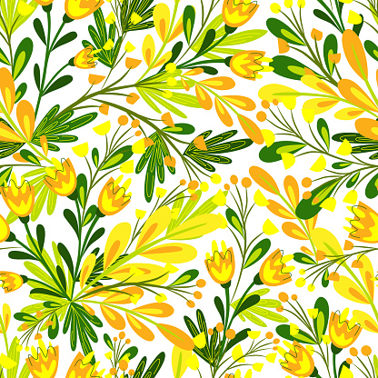 Summer seamless pattern with flowers and plants on white background. Cartoon vector illustration