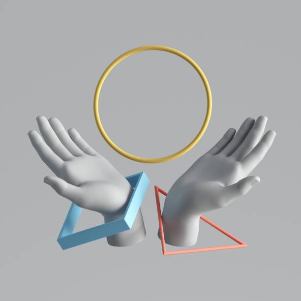 istock 3d render white artificial hands with levitating colorful geometric shapes. Round blank frame. Modern minimal fashion concept. Human mannequin body parts isolated on plain background. Contemporary art 1221705101