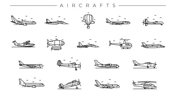illustrations, cliparts, dessins animés et icônes de ensemble d’icônes vectorielles de style ligne conceptuelle d’avions. - drone militaire