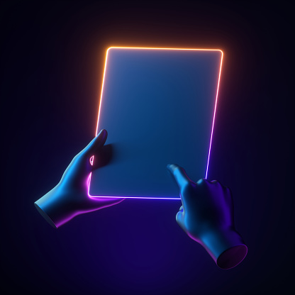 3d render mannequin hands holding gadget. Minimal futuristic technology concept. Neon glowing electronic device pad isolated on dark background, body parts, simple clean design. Remote control