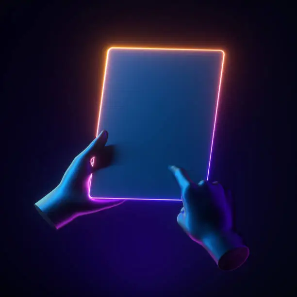Photo of 3d render mannequin hands holding gadget. Minimal futuristic technology concept. Neon glowing electronic device pad isolated on dark background, body parts, simple clean design. Remote control