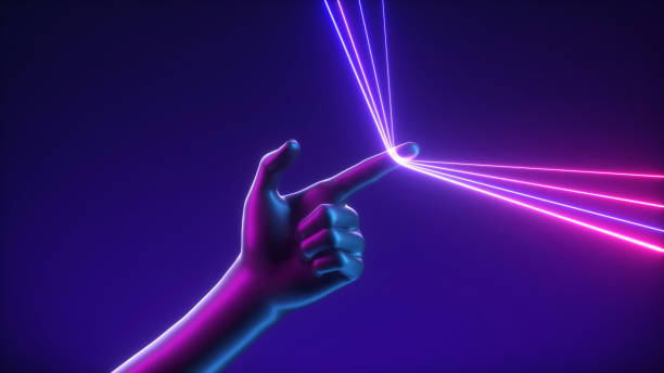 istock 3d render, abstract futuristic concept, artificial hand pulls blue pink neon glowing lines. Mannequin body part isolated on dark violet background 1221707244