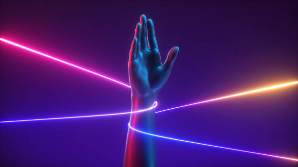 istock 3d render, abstract minimal futuristic concept, artificial hand open palm with colorful strings, pink blue yellow neon glowing lines. Mannequin body part isolated on dark ultraviolet background 1221707250