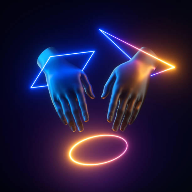 istock 3d render abstract artificial hands with levitating colorful neon light geometric shapes. Human mannequin body parts isolated on black background. Contemporary art. Modern minimal fashion concept 1221707256