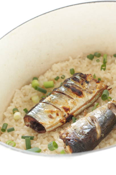 istock Japanese pacific saury and steamed rice 1221711805