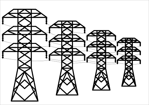 Towers transmission line transmission of electrical energy. High voltage. An electrician. Dangerous high voltage. Industrial technology. Place for text. Energy business.