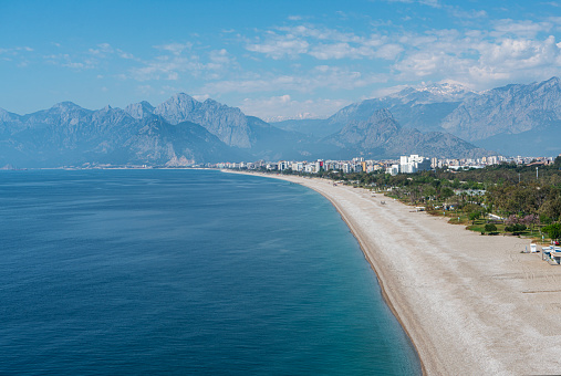 Antalya Konyaalti Beach with no people. The beach has recently been completely closed to the public due to the Coronavirus pandemic of 2020.