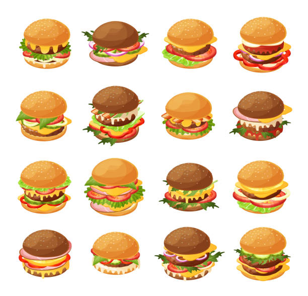 ilustraciones, imágenes clip art, dibujos animados e iconos de stock de conjunto de ilustración vectorial de hamburguesa isométrica, 3d caricaturas frescas diferentes hamburguesas para el icono de menú de café de comida rápida aislado en blanco - hamburger burger symmetry cheeseburger