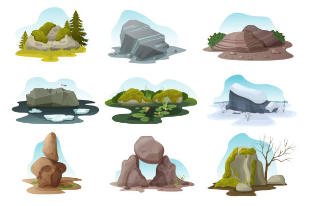 Boulder and rock stone isolated vector illustration set, cartoon Boulder and rock stone isolated vector illustration set. Cartoon different pile of multicolored texture boulders with moss, grass and treees in all nature seasons, rocky natural landscape with stones moss stock illustrations