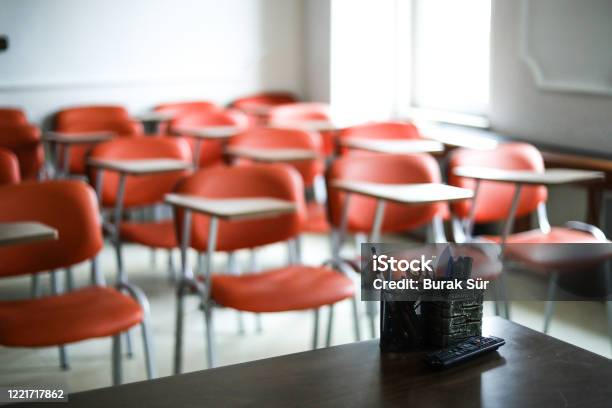 Between Empty Class And Corona Education Stock Photo - Download Image Now - Classroom, Empty, Education