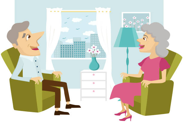 Senior Couple Talking Happy Senior man and woman chatting inside their house. old ladies gossiping stock illustrations
