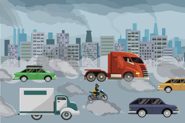 luftverschmutzung vektor-illustration, fabriken und autos verschmutzen umwelt. ökologie mit giftigen chemikalien verschmutzt. - factory pollution smoke cartoon stock-grafiken, -clipart, -cartoons und -symbole