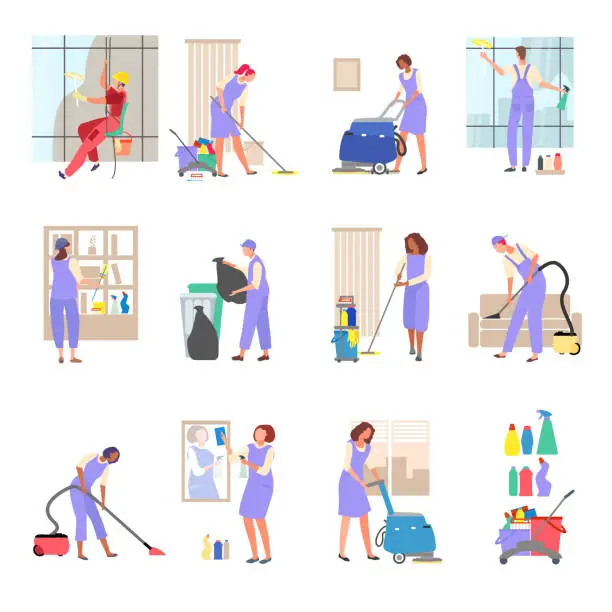 Vector illustration of Young cleaner man, women work of clean with brush, rag on hand drawn vector illustration isolated on white.