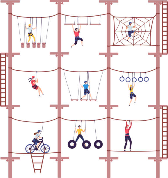 Activity children in extreme adventure rope park with climbing equipment in childhood cartoon climb vector illustration. Activity children in extreme adventure rope park with climbing equipment in childhood cartoon climb vector illustration. Child overcoming obstacles took down. Action with team building. rope climbing stock illustrations