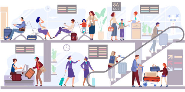 abflug menschen lounge am flughafen terminal vektor-illustration. passagiere checken das gepäck ein und warten, bis sie in der nähe des gates abfahren. - depart stock-grafiken, -clipart, -cartoons und -symbole