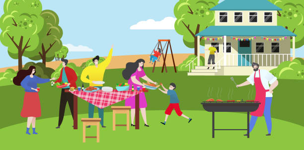 自宅の裏庭でバーベキューパーティーピクニックに幸せな家族、人々は夏の料理をグリル、ベクトルイラスト - ピクニック イラスト点のイラスト素材／クリップアート素材／マンガ素材／アイコン素材