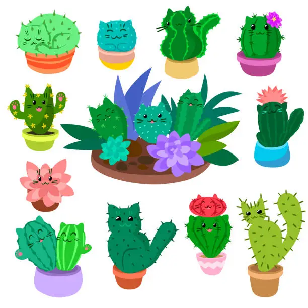 Vector illustration of Cute cartoon cactus and succulents set on hand drawn nature plants cacti vector illustration isolated on white.