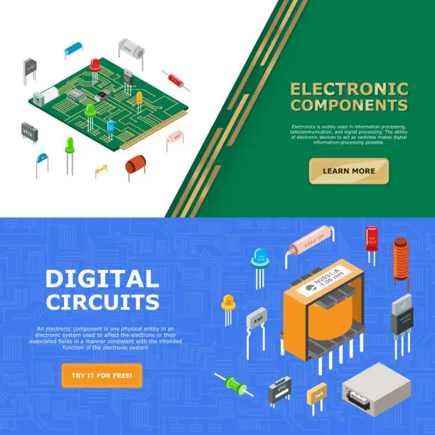 Vector illustration of Electronic components vector illustration with digital circuit. Banner template for website about electronics. Electrical chip elements.