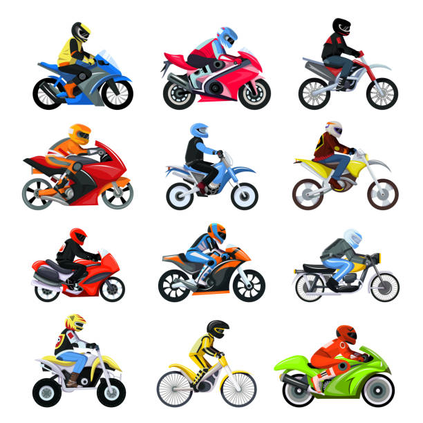 ilustrações, clipart, desenhos animados e ícones de ilustração vetorial de conjunto de motocicletas isolada em personagens motociclistas brancos e diferentes em motocicletas esportivas. - motorcycle motocross biker moped