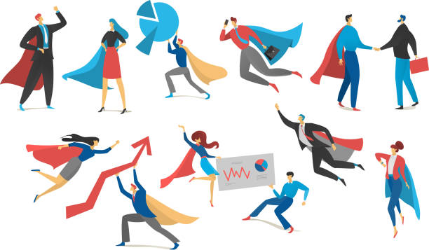 Superhero actions icon set in cartoon colored style different poses vector illustration Superhero actions icon set in cartoon colored style different poses vector illustration. Hero person isolated concept, power in business, success teamwork, office life, annual report superhero drawings stock illustrations