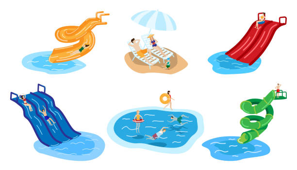 park wodny z ludźmi w aqua lato ręcznie rysowane charakter ilustracji wektorowej izolowane na białym. - swimming pool child water park inflatable stock illustrations