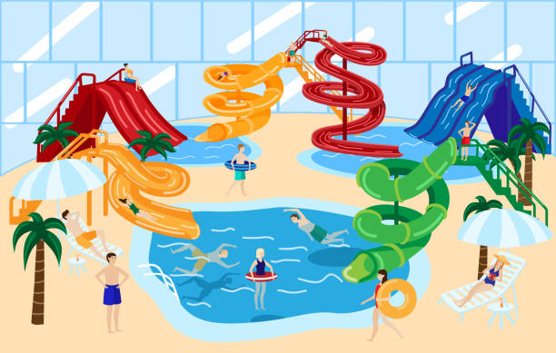 Water park slide vector illustration with people having fun on waterslide and swimming pool in waterpark. Amusement in aqua park. Water park vector illustration with people having fun on waterslide and swimming pool slide waterpark. Amusement in aqua park. Cartoon characters entertainment and leisure activity. Woman rubber ring coil tubing stock illustrations