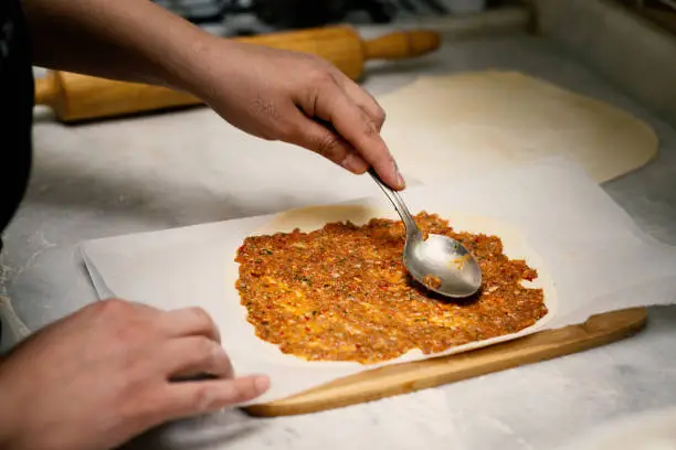 Photo of home-made turkish minced meat (lahmacun)