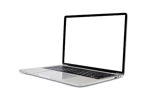 Side view of Open laptop computer. Modern thin edge slim design. Blank white screen display for mockup and gray metal aluminum material body isolated on white background with clipping path.