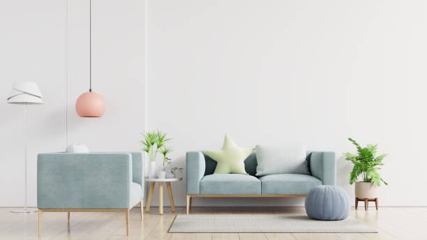 istock Bright and cozy modern living room interior have sofa and lamp with white wall background. 1221722609