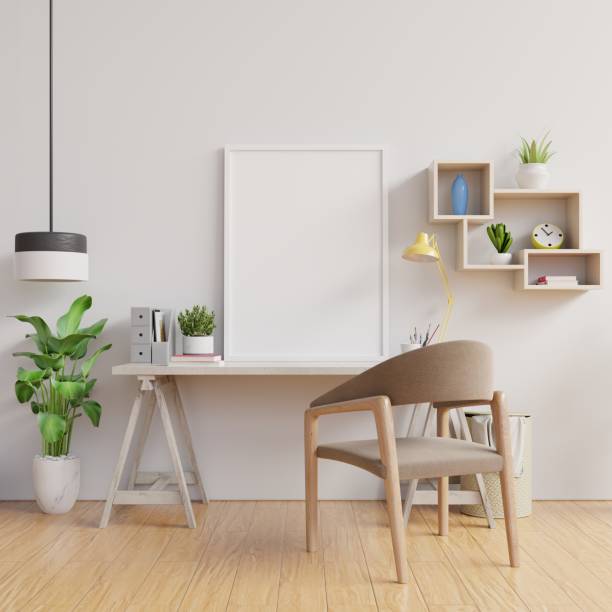 istock Mock up poster in working,Minimalist workplace design. 1221722624