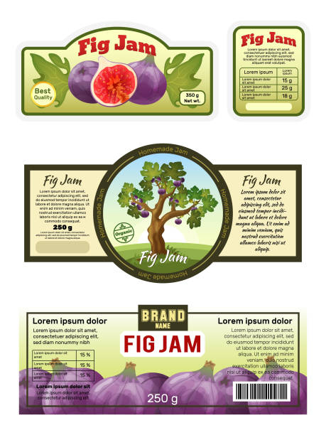 ilustrações, clipart, desenhos animados e ícones de design da etiqueta de geléia fig, modelo de adesivo de emblema, embalagem de marmelada de frutas naturais, ilustração vetorial - leaf tree maple leaf green