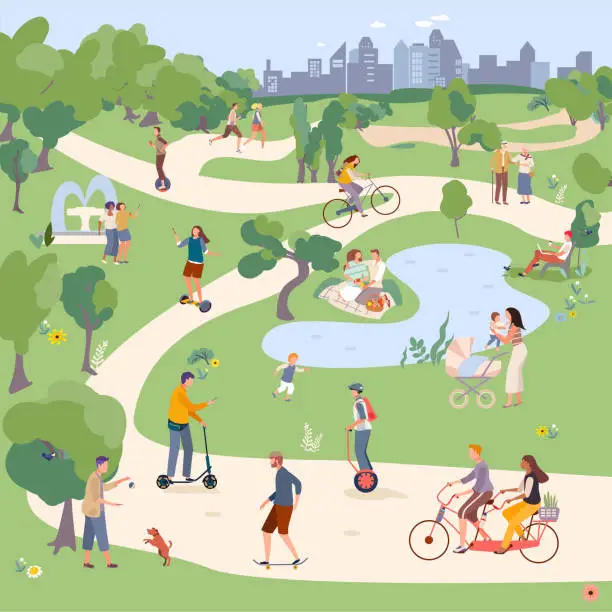 Vector illustration of City Park vector illustration, people in city parkland ride bike, monocycle, Segway, skateboard and scooter. Family have picnic.