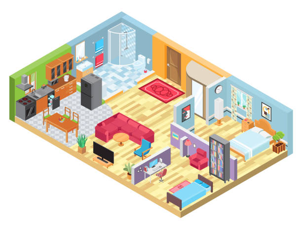 Isometric apartment layout, room interior in modern house, indoor plan view, vector illustration Isometric apartment layout, room interior in modern house, indoor plan view, vector illustration. Cozy home furniture layout planning, living room, bedroom and kitchen in isometric cartoon style part of house stock illustrations