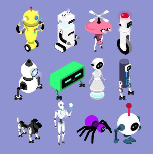 Robots set in isometric style. Robot and android collection Isolated vector Illustrations. Robots set in isometric style. Robot and android collection Isolated vector Illustrations. robot spider stock illustrations