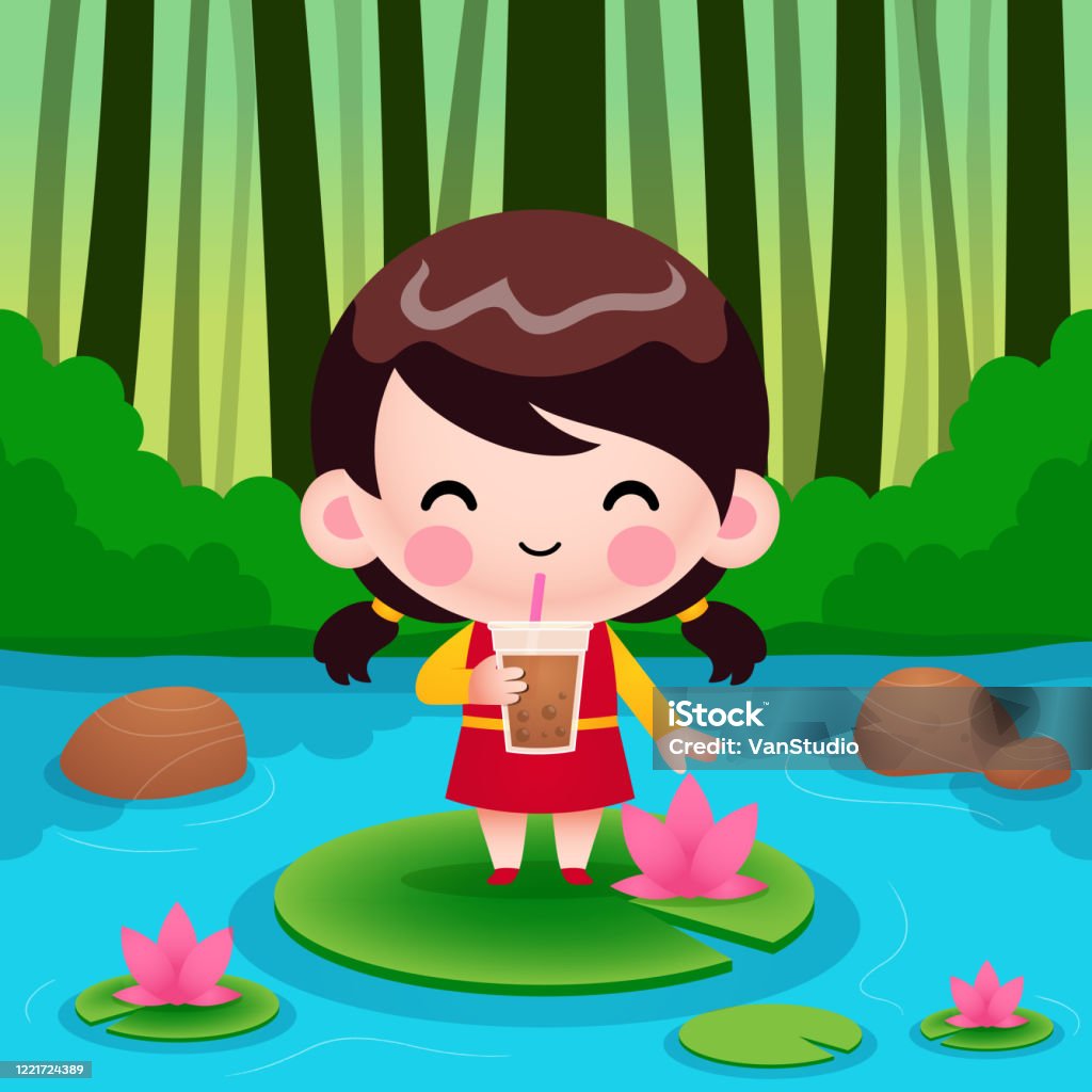 Phim Hoạt Hình Cô Bé Dễ Thương Đứng Trên Hoa Sen Uống Trà Bong ...