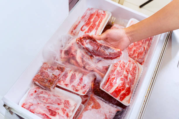 istock Flat layout of hand picking a package of red meat 1221725372