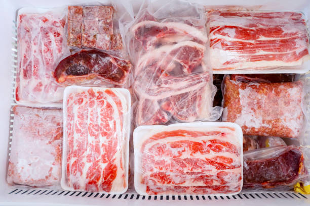 istock Top down view of red meat package stacks in a box 1221725392