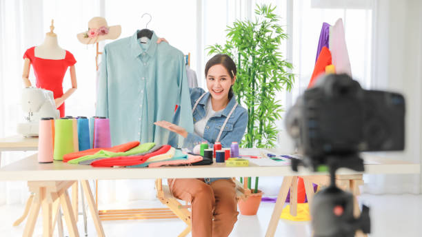 istock Designer live video to showing her new collection. 1221727908