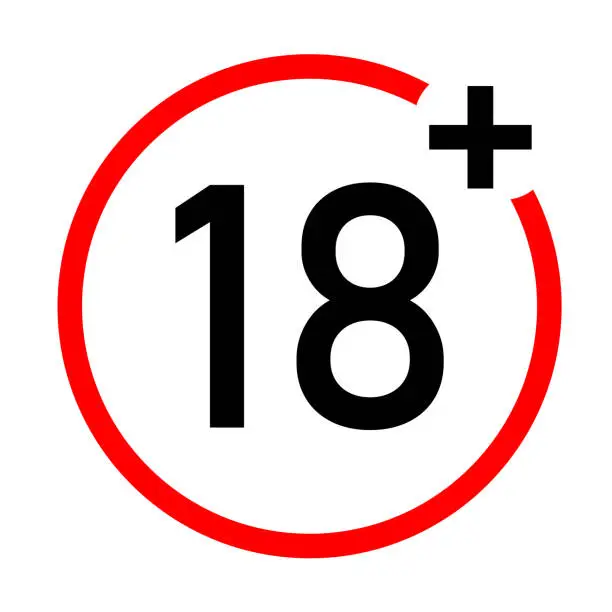 Vector illustration of under 18 not allow icon on white background. flat style. 18 plus icon for your web site design, logo, app, UI. number eighteen in red crossed circle symbol. 18+ sign.